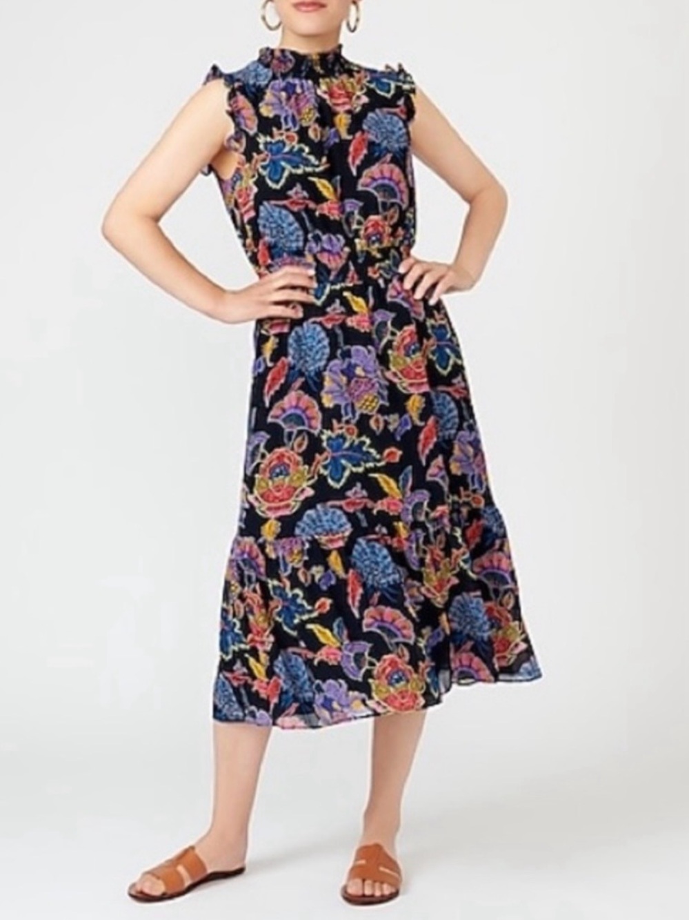 J. Crew Smocked Waist Bold Floral Print High Neck Sleeveless Summer Dress XS